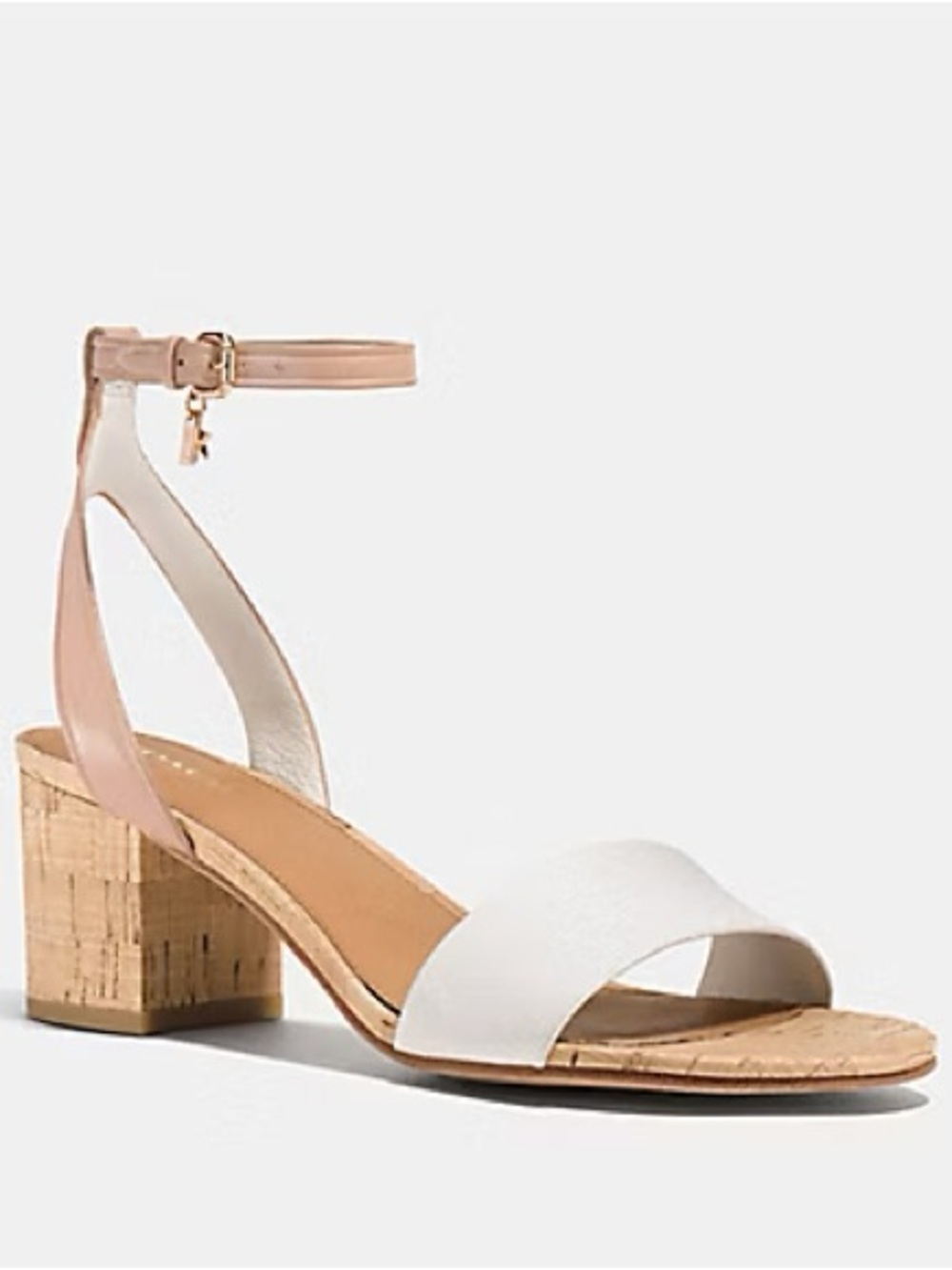 Coach Thompson White Tan Leather Ankle‑Strap Cork Block Heel Sandal Size 6.5